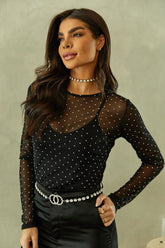 Blusa Feminina De Tule Com Strass Antonela Preto